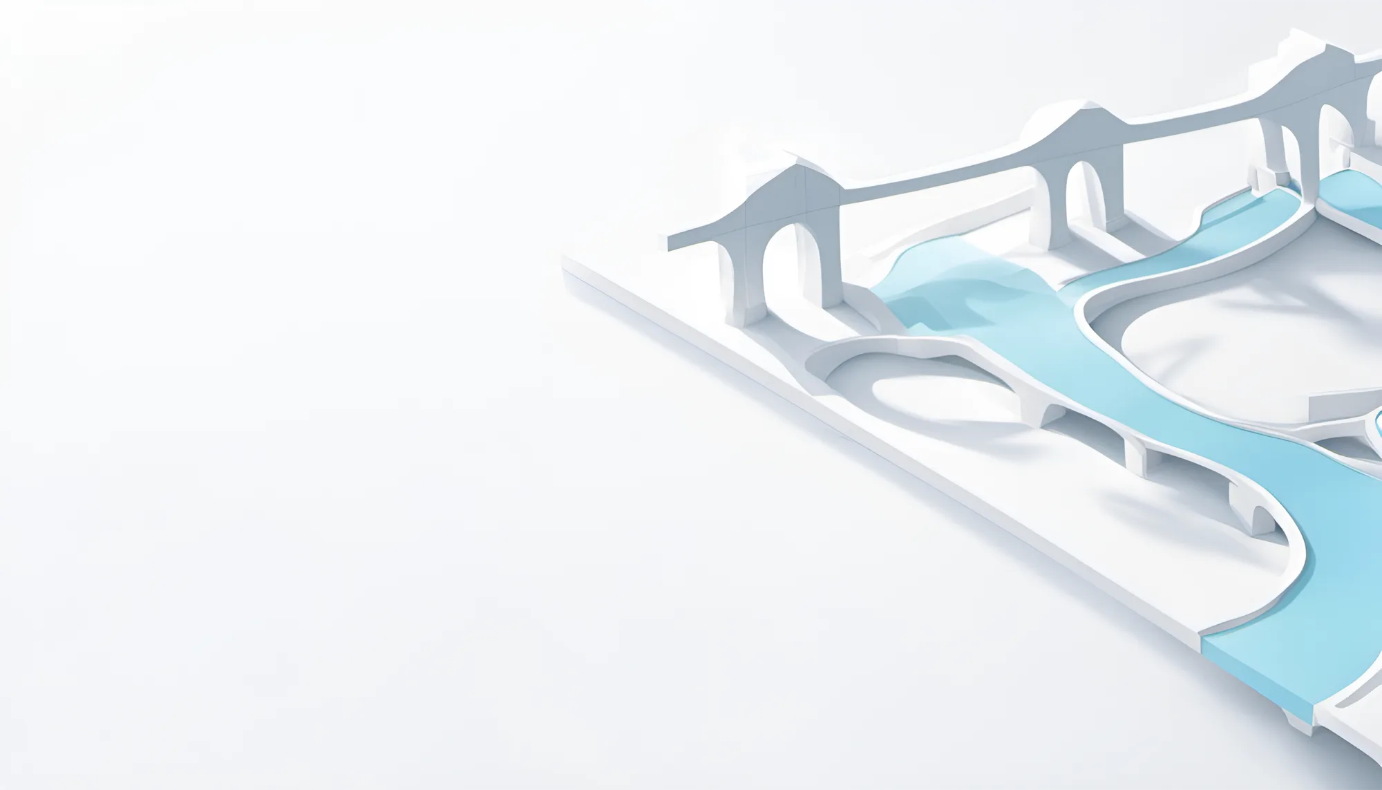 Lume key art: a white 3D canal and bridges with pale blue water