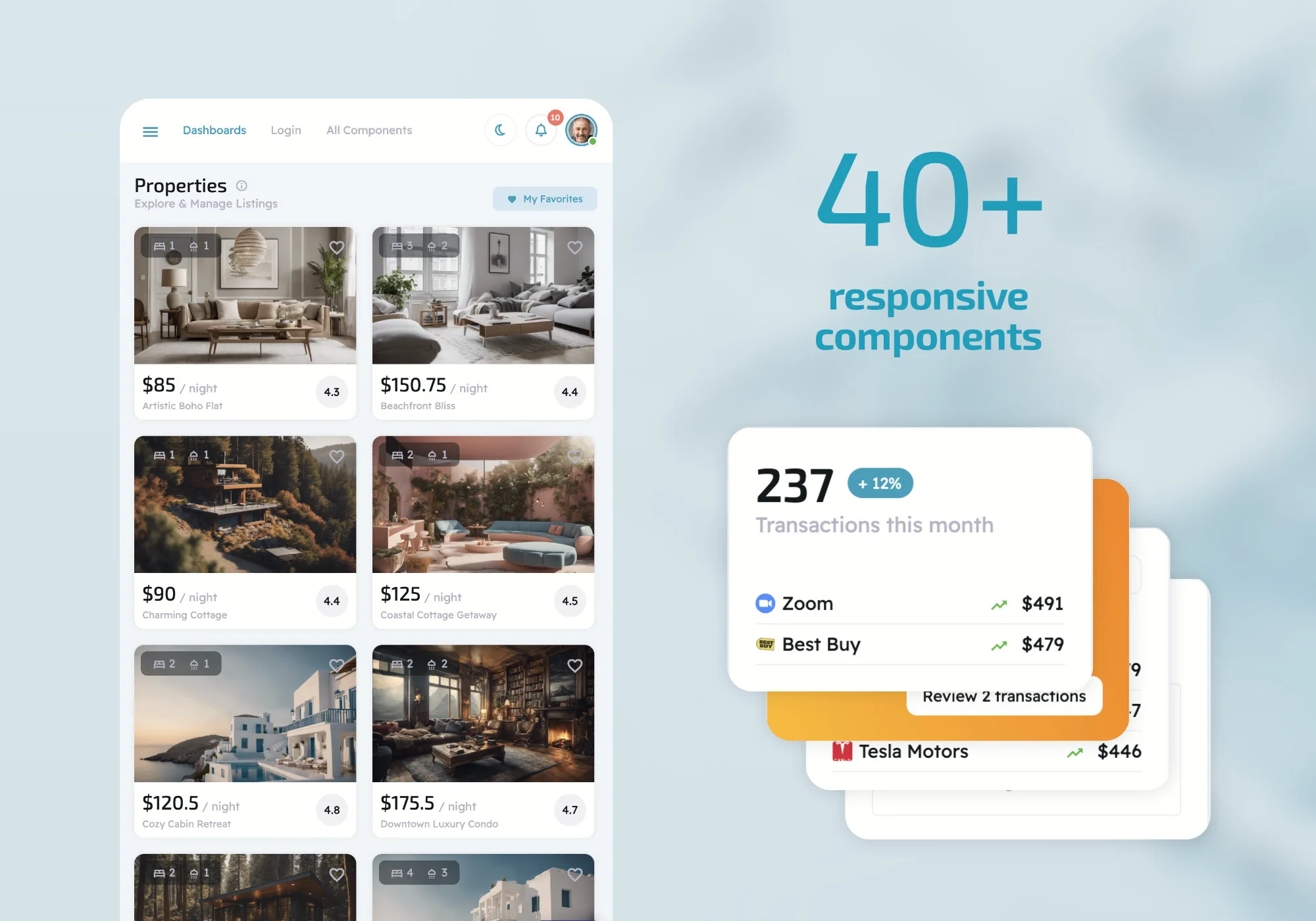 Lume property listings on mobile beside its transaction cards: 40+ responsive components